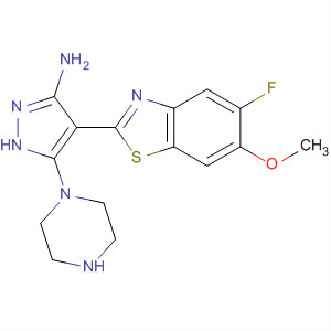 654064-06-9  1H-Pyrazol-3-amine,4-(5-fluoro-6-methoxy-2-benzothiazolyl)-5-(1-piperazinyl)-