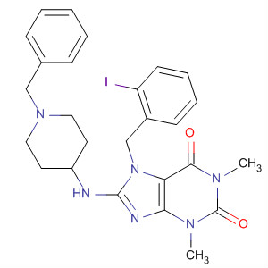 652166-30-8  1H-Purine-2,6-dione,3,7-dihydro-7-[(2-iodophenyl)methyl]-1,3-dimethyl-8-[[1-(phenylmethyl)-4-piperidinyl]amino]-