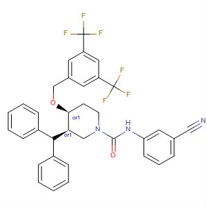 632345-61-0  1-Piperidinecarboxamide,4-[[3,5-bis(trifluoromethyl)phenyl]methoxy]-N-(3-cyanophenyl)-3-(diphenylmethyl)-, (3R,4S)-rel-