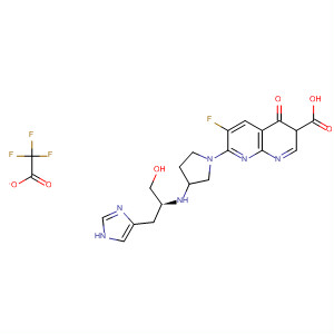 635307-85-6  1,8-Naphthyridine-3-carboxylic acid,6-fluoro-1,4-dihydro-7-[3-[[(1S)-2-hydroxy-1-(1H-imidazol-4-ylmethyl)ethyl]amino]-1-pyrrolidinyl]-4-oxo-, mono(trifluoroacetate) (salt)