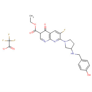 635307-90-3  1,8-Naphthyridine-3-carboxylic acid,6-fluoro-1,4-dihydro-7-[3-[[(4-hydroxyphenyl)methyl]amino]-1-pyrrolidinyl]-4-oxo-, ethyl ester, mono(trifluoroacetate) (salt)