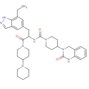 635710-85-9  1-Piperidinecarboxamide,N-[2-[1,4'-bipiperidin]-1'-yl-1-[(7-ethyl-1H-indazol-5-yl)methyl]-2-oxoethyl]-4-(1,4-dihydro-2-oxo-3(2H)-quinazolinyl)-