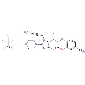 635718-81-9  Benzonitrile,3-[[7-(2-butynyl)-6,7-dihydro-1-methyl-6-oxo-8-(1-piperazinyl)-1H-purin-2-yl]oxy]-, mono(trifluoroacetate)
