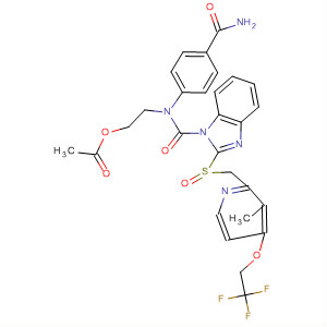 635751-86-9  1H-Benzimidazole-1-carboxamide,N-[2-(acetyloxy)ethyl]-N-[4-(aminocarbonyl)phenyl]-2-[[[3-methyl-4-(2,2,2-trifluoroethoxy)-2-pyridinyl]methyl]sulfinyl]-