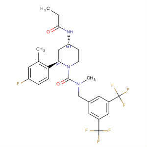 629927-01-1  1-Piperidinecarboxamide,N-[[3,5-bis(trifluoromethyl)phenyl]methyl]-2-(4-fluoro-2-methylphenyl)-N-methyl-4-[(1-oxopropyl)amino]-, (2R,4R)-rel-