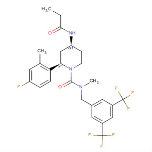 629927-06-6  1-Piperidinecarboxamide,N-[[3,5-bis(trifluoromethyl)phenyl]methyl]-2-(4-fluoro-2-methylphenyl)-N-methyl-4-[(1-oxopropyl)amino]-, (2R,4S)-rel-