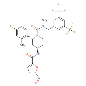 629933-31-9  1-Piperidinecarboxamide,N-[[3,5-bis(trifluoromethyl)phenyl]methyl]-2-(4-fluoro-2-methylphenyl)-4-[[(5-formyl-2-furanyl)carbonyl]amino]-N-methyl-, (2R,4R)-
