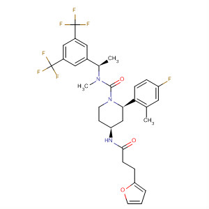 629933-35-3  1-Piperidinecarboxamide,N-[(1R)-1-[3,5-bis(trifluoromethyl)phenyl]ethyl]-2-(4-fluoro-2-methylphenyl)-4-[[3-(2-furanyl)-1-oxopropyl]amino]-N-methyl-, (2R,4S)-