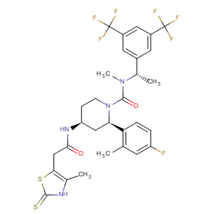 629934-88-9  1-Piperidinecarboxamide,N-[(1S)-1-[3,5-bis(trifluoromethyl)phenyl]ethyl]-4-[[(2,3-dihydro-4-methyl-2-thioxo-5-thiazolyl)acetyl]amino]-2-(4-fluoro-2-methylphenyl)-N-methyl-,(2R,4S)-