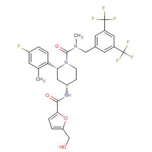 629937-14-0  1-Piperidinecarboxamide,N-[[3,5-bis(trifluoromethyl)phenyl]methyl]-2-(4-fluoro-2-methylphenyl)-4-[[[5-(hydroxymethyl)-2-furanyl]carbonyl]amino]-N-methyl-, (2R,4S)-