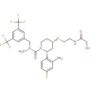 629949-62-8  1-Piperidinecarboxamide,N-[[3,5-bis(trifluoromethyl)phenyl]methyl]-2-(4-fluoro-2-methylphenyl)-4-[[2-[(hydroxyacetyl)amino]ethyl]thio]-N-methyl-, (2R,4S)-