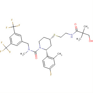 629949-78-6  1-Piperidinecarboxamide,N-[[3,5-bis(trifluoromethyl)phenyl]methyl]-2-(4-fluoro-2-methylphenyl)-4-[[2-[(3-hydroxy-2,2-dimethyl-1-oxopropyl)amino]ethyl]thio]-N-methyl-,(2R,4S)-
