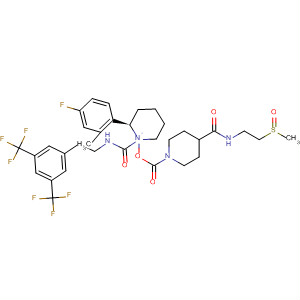 629950-00-1  1-Piperidinecarboxylic acid, 4-[[[2-(methylsulfinyl)ethyl]amino]carbonyl]-,(2R,4S)-1-[[[[3,5-bis(trifluoromethyl)phenyl]methyl]methylamino]carbonyl]-2-(4-fluoro-2-methylphenyl)-4-piperidinyl ester