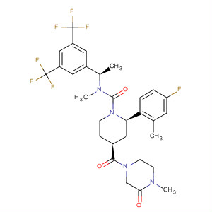 629951-87-7  1-Piperidinecarboxamide,N-[(1R)-1-[3,5-bis(trifluoromethyl)phenyl]ethyl]-2-(4-fluoro-2-methylphenyl)-N-methyl-4-[(4-methyl-3-oxo-1-piperazinyl)carbonyl]-, (2R,4S)-