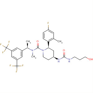 629953-02-2  1-Piperidinecarboxamide,N-[(1R)-1-[3,5-bis(trifluoromethyl)phenyl]ethyl]-2-(4-fluoro-2-methylphenyl)-4-[[[(3-hydroxypropyl)amino]carbonyl]amino]-N-methyl-, (2R,4S)-