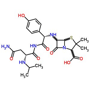 63341-26-4  6-{[(1S)-1-(4-hydroxyphenyl)-2-{[N~2~-(1-methylethyl)-D-asparaginyl]amino}-2-oxoethyl]amino}-3,3-dimethyl-7-oxo-4-thia-1-azabicyclo[3.2.0]heptane-2-carboxylic acid