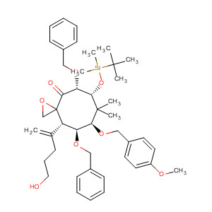 615585-03-0  1-Oxaspiro[2.7]decan-4-one,6-[[(1,1-dimethylethyl)dimethylsilyl]oxy]-10-(4-hydroxy-1-methylenebutyl)-8-[(4-methoxyphenyl)methoxy]-7,7-dimethyl-5,9-bis(phenylmethoxy)-,(5R,6R,8R,9S,10S)-