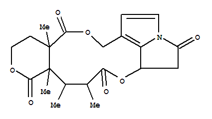 64215-80-1  7H-Pyrano[4',3':8,9][1,6]dioxacyclododecino[2,3,4-gh]pyrrolizine-4,7,10,14(5H)-tetrone,5a,8,9,9a,12,13,13a,16-octahydro-8,9,9a,13a-tetramethyl- (9CI)