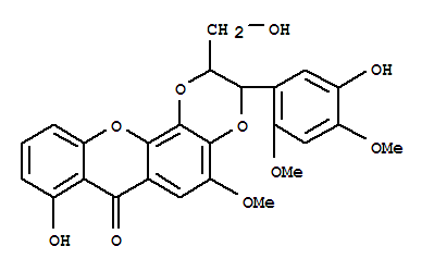 64280-47-3  7H-1,4-Dioxino[2,3-c]xanthen-7-one,2,3-dihydro-8-hydroxy-3-(5-hydroxy-2,4-dimethoxyphenyl)-2-(hydroxymethyl)-5-methoxy-,(2S,3S)- (9CI)