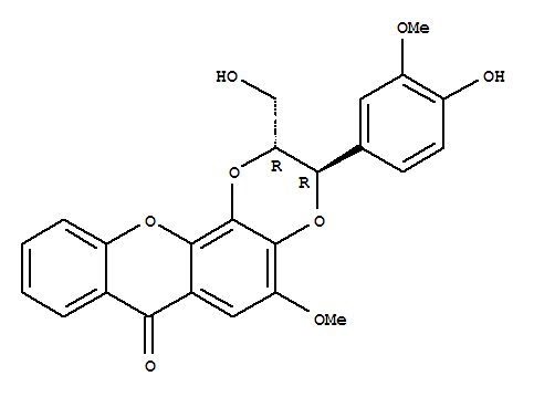 64280-48-4  7H-1,4-Dioxino[2,3-c]xanthen-7-one,2,3-dihydro-3-(4-hydroxy-3-methoxyphenyl)-2-(hydroxymethyl)-5-methoxy-,(2R,3R)-rel-