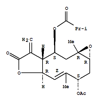 69440-10-4  Propanoic acid,2-methyl-,(1aR,3S,4Z,5aR,8aR,9S,10aR)-3-(acetyloxy)-1a,2,3,5a,7,8,8a,9,10,10a-decahydro-4,10a-dimethyl-8-methylene-7-oxooxireno[5,6]cyclodeca[1,2-b]furan-9-ylester (9CI)
