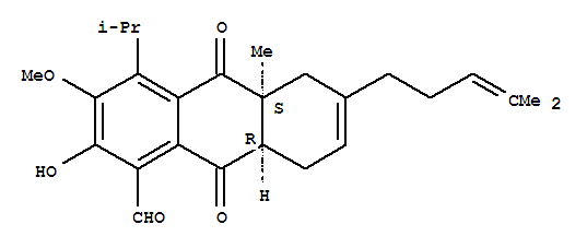 69734-90-3  1-Anthracenecarboxaldehyde,5,8,8a,9,10,10a-hexahydro-2-hydroxy-3-methoxy-10a-methyl-4-(1-methylethyl)-6-(4-methyl-3-penten-1-yl)-9,10-dioxo-,(8aR,10aS)-rel-