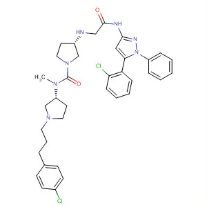 762279-21-0  1-Pyrrolidinecarboxamide,3-[[[[5-(2-chlorophenyl)-1-phenyl-1H-pyrazol-3-yl]amino]carbonyl]methylamino]-N-[(3R)-1-[3-(4-chlorophenyl)propyl]-3-pyrrolidinyl]-N-methyl-,(3S)-