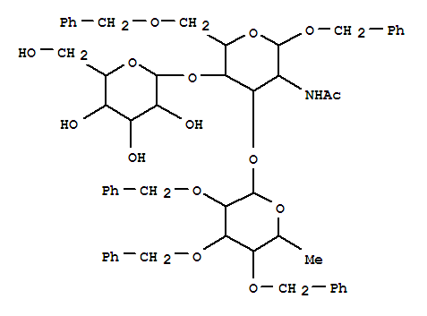 71208-05-4  a-D-Glucopyranoside, phenylmethylO-6-deoxy-2,3,4-tris-O-(phenylmethyl)-a-L-galactopyranosyl-(1®3)-O-[b-D-galactopyranosyl-(1®4)]-2-(acetylamino)-2-deoxy-6-O-(phenylmethyl)- (9CI)