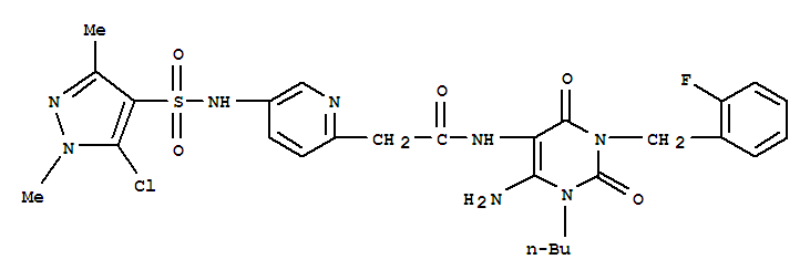 748149-17-9  2-Pyridineacetamide,N-[6-amino-1-butyl-3-[(2-fluorophenyl)methyl]-1,2,3,4-tetrahydro-2,4-dioxo-5-pyrimidinyl]-5-[[(5-chloro-1,3-dimethyl-1H-pyrazol-4-yl)sulfonyl]amino]-