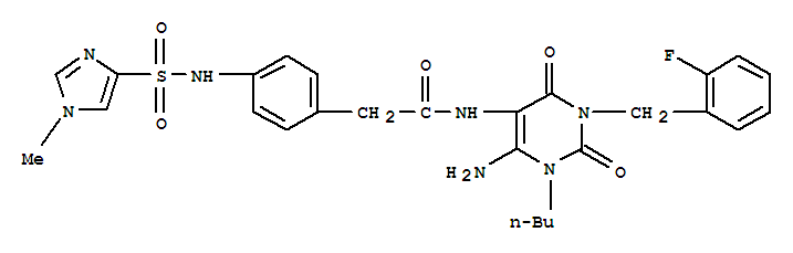 748149-44-2  Benzeneacetamide,N-[6-amino-1-butyl-3-[(2-fluorophenyl)methyl]-1,2,3,4-tetrahydro-2,4-dioxo-5-pyrimidinyl]-4-[[(1-methyl-1H-imidazol-4-yl)sulfonyl]amino]-