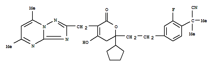 749929-33-7  Benzeneacetonitrile,4-[2-[2-cyclopentyl-5-[(5,7-dimethyl[1,2,4]triazolo[1,5-a]pyrimidin-2-yl)methyl]-3,6-dihydro-4-hydroxy-6-oxo-2H-pyran-2-yl]ethyl]-2-fluoro-a,a-dimethyl-