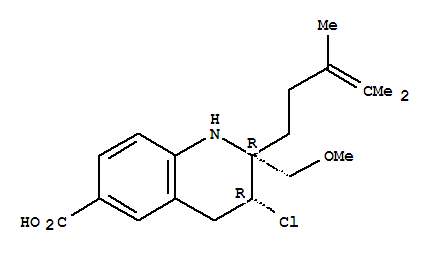 76417-04-4  6-Quinolinecarboxylicacid,3-chloro-2-(3,4-dimethyl-3-penten-1-yl)-1,2,3,4-tetrahydro-2-(methoxymethyl)-,(2R,3R)-