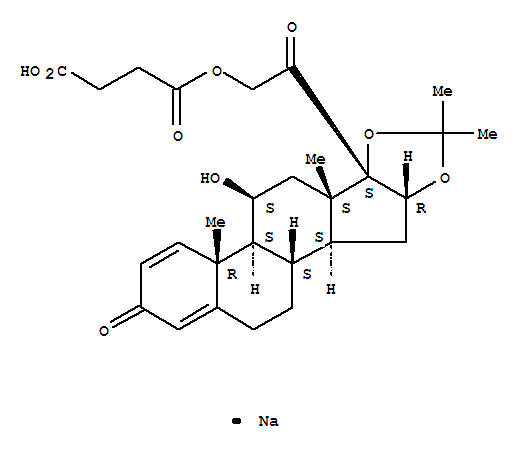 78806-75-4  Pregna-1,4-diene-3,20-dione,21-(3-carboxy-1-oxopropoxy)-11-hydroxy-16,17-[(1-methylethylidene)bis(oxy)]-,monosodium salt, (11b,16a)- (9CI)