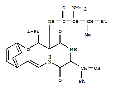 72047-69-9  Pentanamide,2-(dimethylamino)-N-[7-(hydroxyphenylmethyl)-3-(1-methylethyl)-5,8-dioxo-2-oxa-6,9-diazabicyclo[10.2.2]hexadeca-10,12,14,15-tetraen-4-yl]-3-methyl-(9CI)