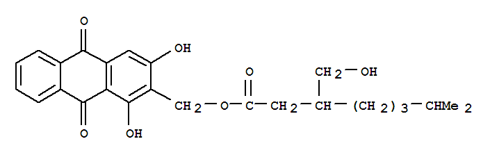 75076-73-2  Octanoic acid,3-(hydroxymethyl)-7-methyl-,(9,10-dihydro-1,3-dihydroxy-9,10-dioxo-2-anthracenyl)methyl ester (9CI)