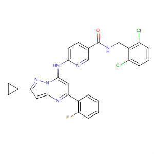 893446-77-0  3-Pyridinecarboxamide,6-[[2-cyclopropyl-5-(2-fluorophenyl)pyrazolo[1,5-a]pyrimidin-7-yl]amino]-N-[(2,6-dichlorophenyl)methyl]-