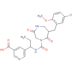 889853-63-8  3-Pyridinecarboxylic acid,5-[1-[[[6-[(5-chloro-2-methoxyphenyl)methyl]hexahydro-3,7-dioxo-1H-1,4-diazepin-1-yl]carbonyl]amino]propyl]-