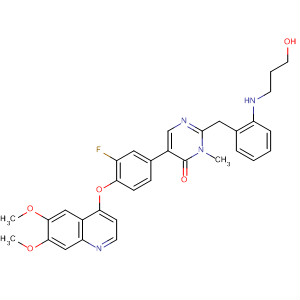 890020-82-3  4(3H)-Pyrimidinone,5-[4-[(6,7-dimethoxy-4-quinolinyl)oxy]-3-fluorophenyl]-2-[[(3-hydroxypropyl)amino]phenylmethyl]-3-methyl-
