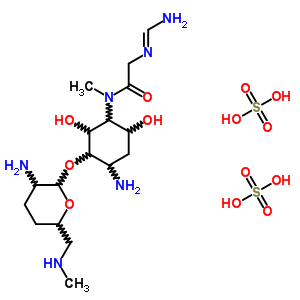 77312-58-4  6-amino-3-{[(E)-N-(aminomethylidene)glycyl](methyl)amino}-2,4-dihydroxycyclohexyl 2-amino-2,3,4,6-tetradeoxy-6-(methylamino)hexopyranoside disulfate (salt)