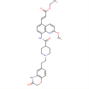 885690-11-9  2-Propenoic acid,3-[8-[[[1-[2-(3,4-dihydro-3-oxo-2H-1,4-benzoxazin-6-yl)ethyl]-4-piperidinyl]carbonyl]amino]-2-methoxy-5-quinolinyl]-, ethyl ester, (2E)-