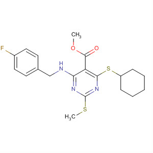 883870-16-4  5-Pyrimidinecarboxylic acid,4-(cyclohexylthio)-6-[[(4-fluorophenyl)methyl]amino]-2-(methylthio)-,methyl ester
