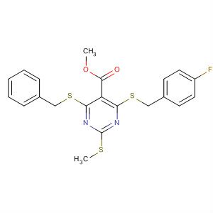 883870-33-5  5-Pyrimidinecarboxylic acid,4-[[(4-fluorophenyl)methyl]thio]-2-(methylthio)-6-[(phenylmethyl)thio]-,methyl ester