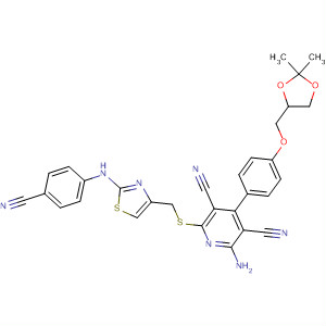 878499-01-5  3,5-Pyridinedicarbonitrile,2-amino-6-[[[2-[(4-cyanophenyl)amino]-4-thiazolyl]methyl]thio]-4-[4-[(2,2-dimethyl-1,3-dioxolan-4-yl)methoxy]phenyl]-