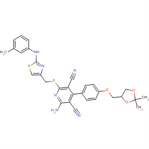 878499-02-6  3,5-Pyridinedicarbonitrile,2-amino-4-[4-[(2,2-dimethyl-1,3-dioxolan-4-yl)methoxy]phenyl]-6-[[[2-[(3-methylphenyl)amino]-4-thiazolyl]methyl]thio]-