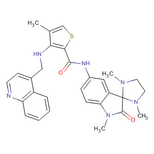 880270-95-1  2-Thiophenecarboxamide,N-(1',2'-dihydro-1,1',3-trimethyl-2'-oxospiro[imidazolidine-2,3'-[3H]indol]-5'-yl)-4-methyl-3-[(4-quinolinylmethyl)amino]-