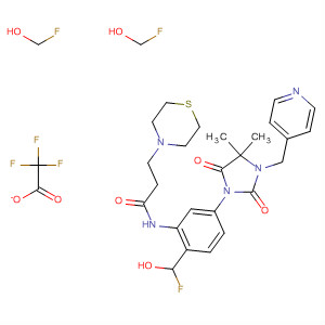 874953-59-0  4-Thiomorpholinepropanamide,N-[5-[4,4-dimethyl-2,5-dioxo-3-(4-pyridinylmethyl)-1-imidazolidinyl]-2-(trifluoromethoxy)phenyl]-, mono(trifluoroacetate)
