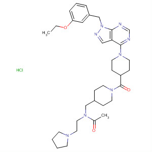 874381-06-3  Acetamide,N-[[1-[[1-[1-[(3-ethoxyphenyl)methyl]-1H-pyrazolo[3,4-d]pyrimidin-4-yl]-4-piperidinyl]carbonyl]-4-piperidinyl]methyl]-N-[2-(1-pyrrolidinyl)ethyl]-,hydrochloride