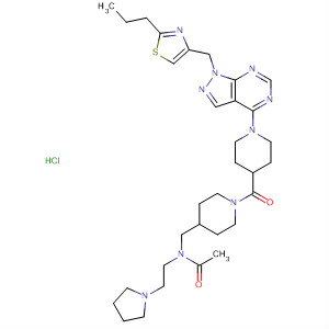 874381-20-1  Acetamide,N-[[1-[[1-[1-[(2-propyl-4-thiazolyl)methyl]-1H-pyrazolo[3,4-d]pyrimidin-4-yl]-4-piperidinyl]carbonyl]-4-piperidinyl]methyl]-N-[2-(1-pyrrolidinyl)ethyl]-, hydrochloride