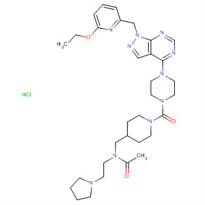 874381-69-8  Acetamide,N-[[1-[[4-[1-[(6-ethoxy-2-pyridinyl)methyl]-1H-pyrazolo[3,4-d]pyrimidin-4-yl]-1-piperazinyl]carbonyl]-4-piperidinyl]methyl]-N-[2-(1-pyrrolidinyl)ethyl]-, hydrochloride