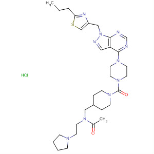 874381-78-9  Acetamide,N-[[1-[[4-[1-[(2-propyl-4-thiazolyl)methyl]-1H-pyrazolo[3,4-d]pyrimidin-4-yl]-1-piperazinyl]carbonyl]-4-piperidinyl]methyl]-N-[2-(1-pyrrolidinyl)ethyl]-, hydrochloride
